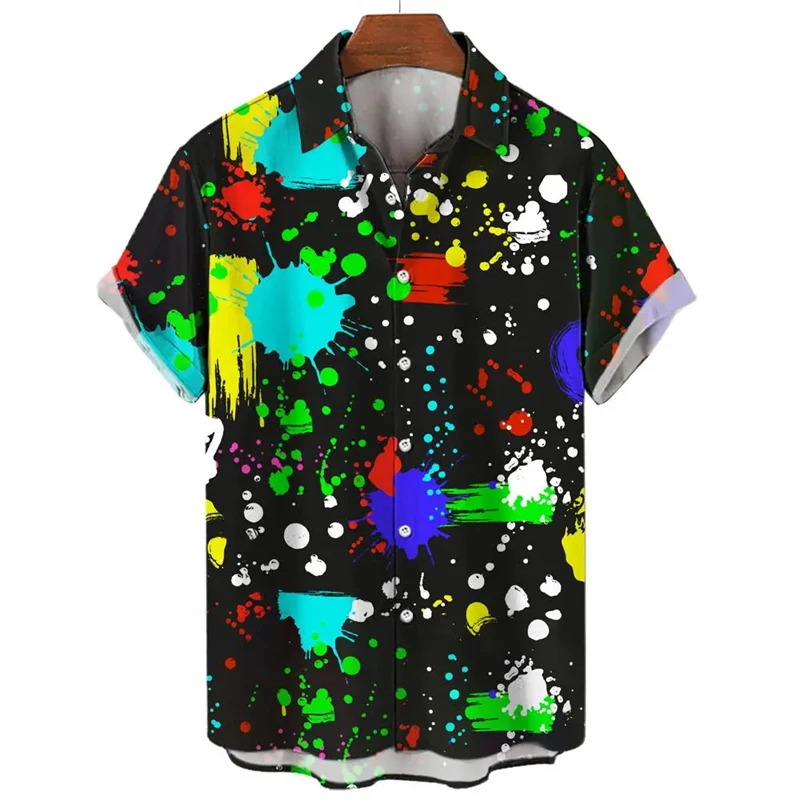 

New Splatter Neon Rainbow Pattern Shirts Mens Graffiti 3D Print Hawaiian Shirt Button Lapel Short Sleeve Tee Casual Beach Tops