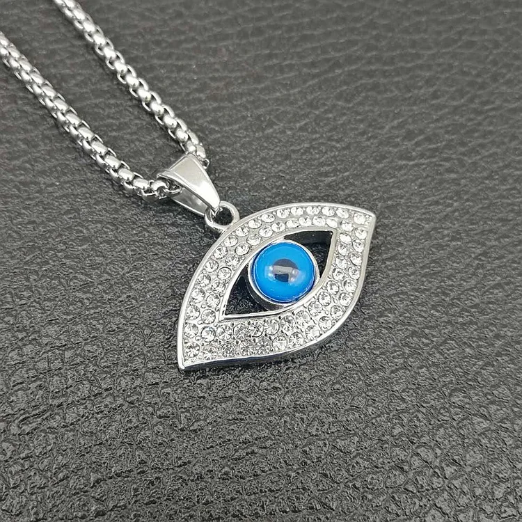 316L Stainless Steel Men iced out blue eye of God pendant necklaces with zircon fashion long chain hip hop men jewelry