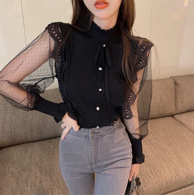 White Bow Fungus Shirt Grunge Crop Top Ropa Mujer Graphic T  Bottom Knit Chiffon  Slim Puff Black Polka Dot