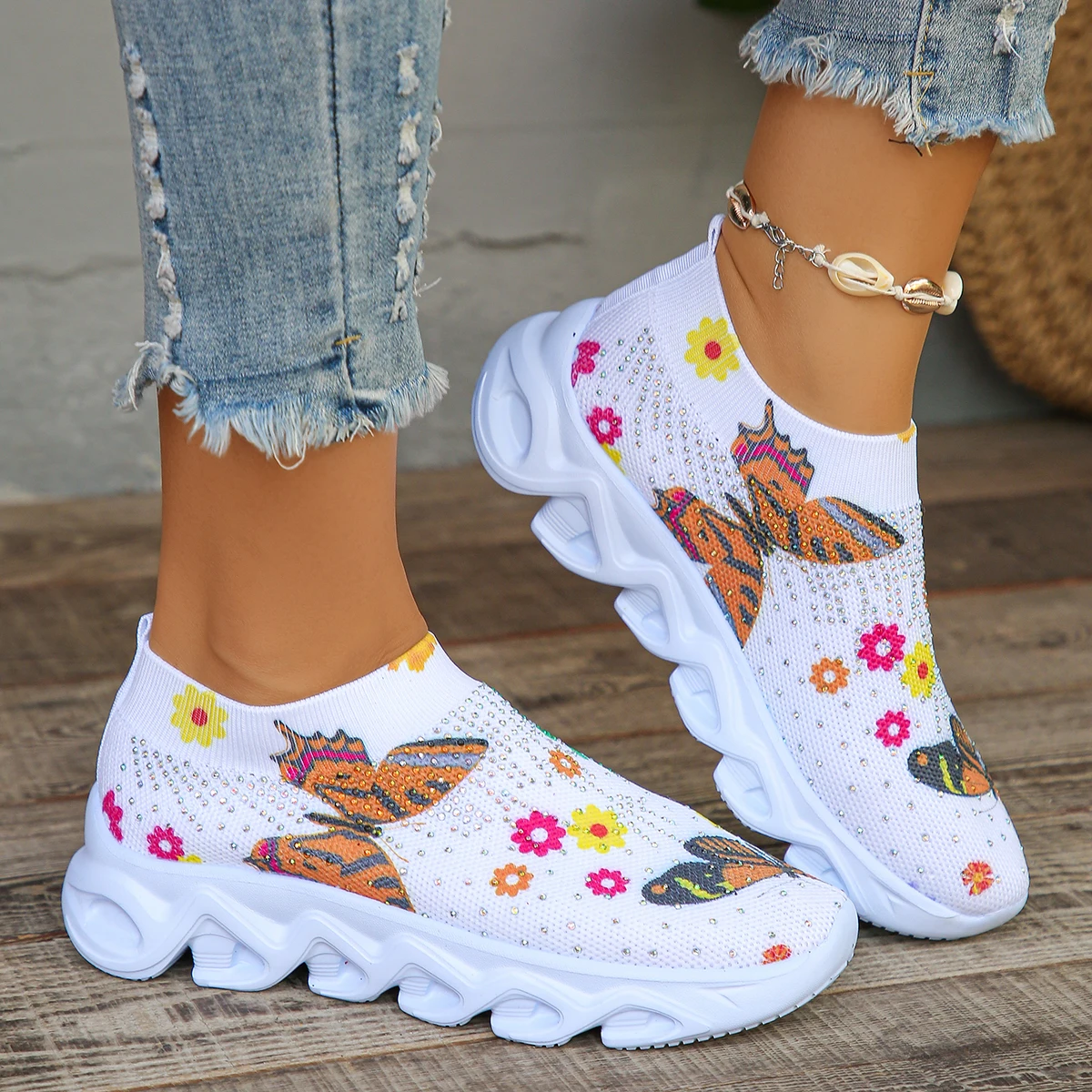 Fashion Crystal Butterfly Knitted Sneakers Shoes Woman Summer 2024 Breathable Mesh Slip On Platform Casual Flats Women Tennis