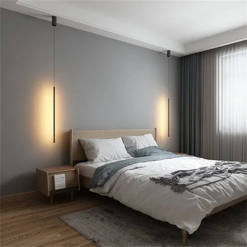 

Modern Bedroom Bedside Led Pendant Lights Living Room TV Wall Decor LED Pendant Lamps Geometry Line Strip Hanging Light Fixtures