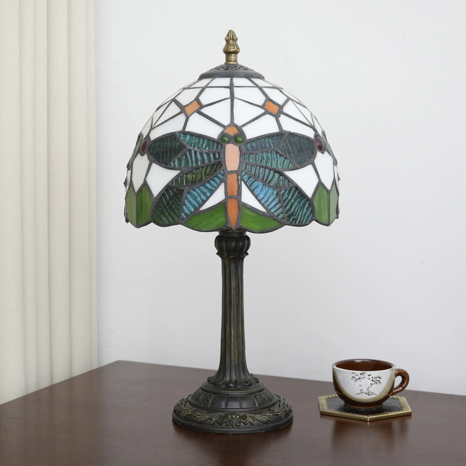 8-Inch Staiend Glass Table Lamp, Retro Green Dragonfly Indoor Desk Lamp, Decoration Lamp for Office, Dining Room and Bedroom