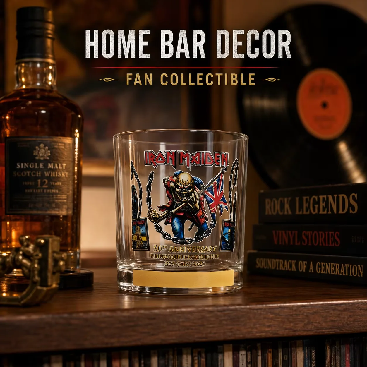 Vaso de whisky del 50 aniversario de Iron Maiden, vaso Run For Your Lives Tour Rock Bar Tumbler
