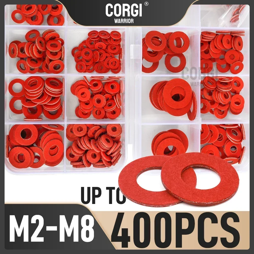 Up to 400 Red Steel Paper Fiber Flat Insulation Washers Assorted Kit M2 M2.5 M3 M4 M5 M6 M8 15 Sizes Sealing Washers Gaskets Set