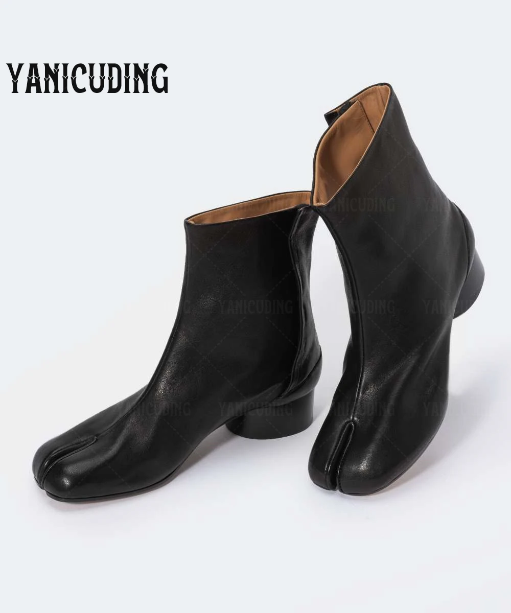 3cm Cylindrical Heel Tabi Booties Novelty Buckle Ankle Boots Black Leather Back White Stitching Women's Handmade Split Toe Boots