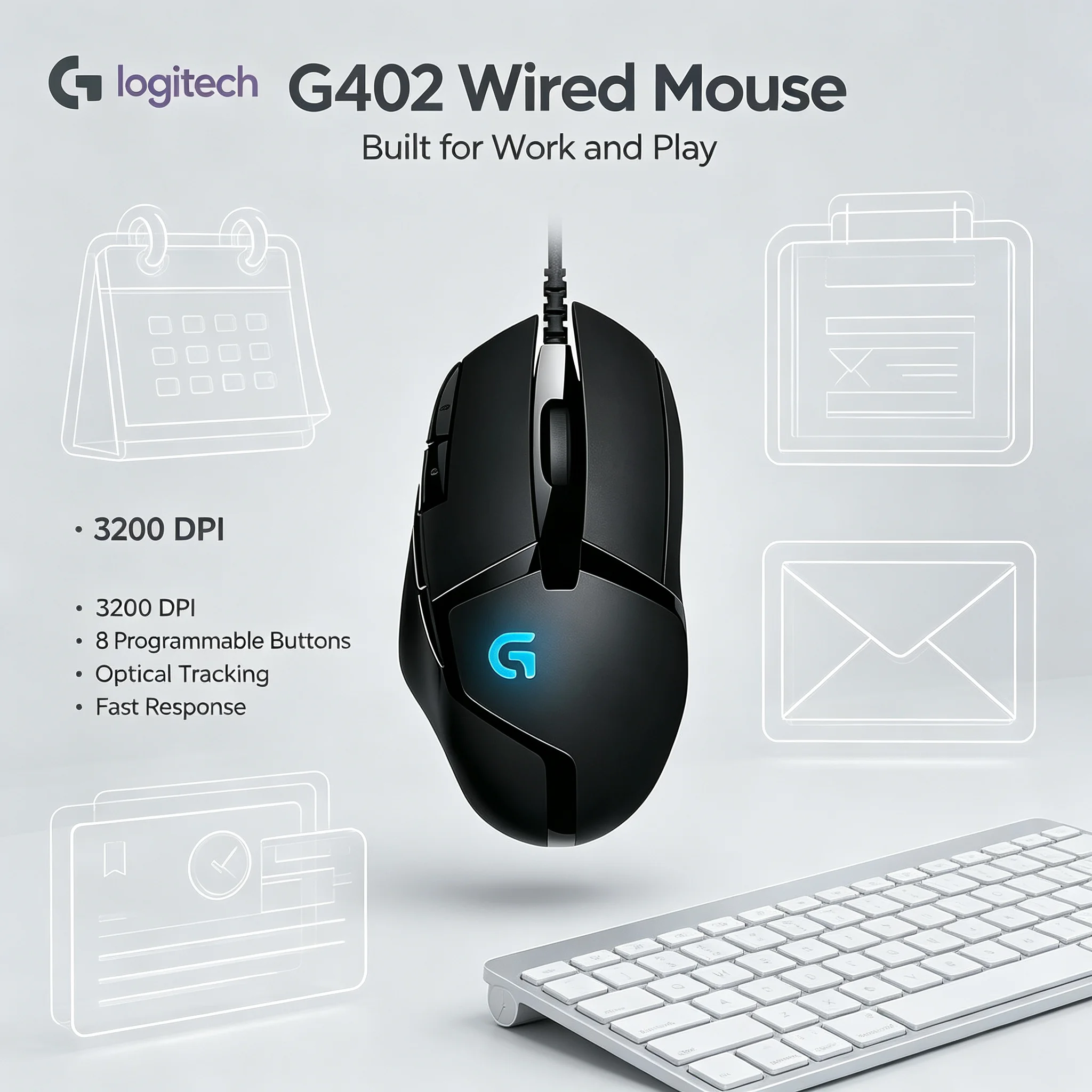 Logitech G402 Wired Gaming Mouse High‑Durability Micro‑Switches Ergonomic Shape For Professional & Casual Gamer PC Laptop USB Mi