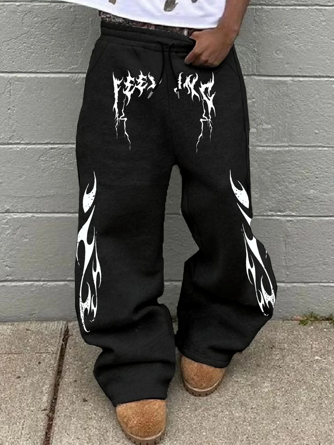 Men's Flame Letter Print Straight‑Leg Pants, Polyester Casual Drawstring Joggers, Hip Hop Streetwear Daily Wear Sports Trousers