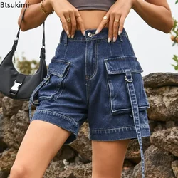 Pantalones vaqueros cortos de verano para mujer, Shorts de pierna ancha y cintura alta, diseño con bolsillos coreanos, informales, novedad de 2024