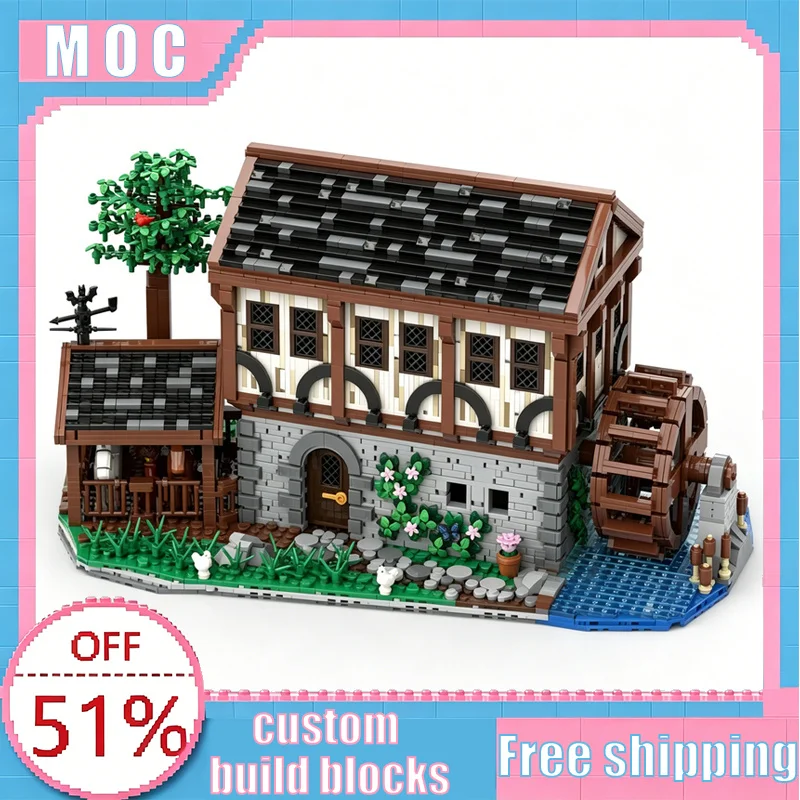 

3591 Parts Old Grain Mill Medieval Watermill Half‑Timbered House MOC Architecture Model DIY Assembly Building Blocks Toy Gifts