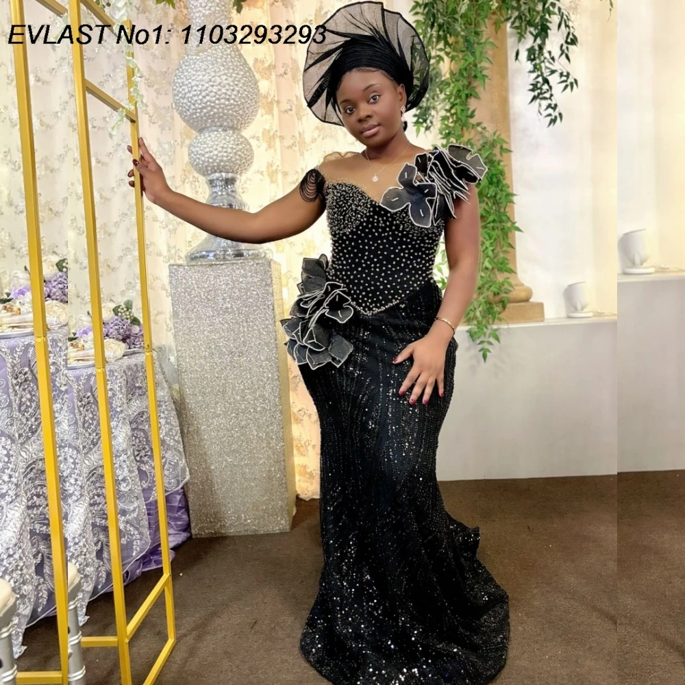 

EVLAST Customized Glitter Black Sequins Mermaid Prom Dress Floral Black Girl Beaded Party Evening Gown Robes De Soirée FP140