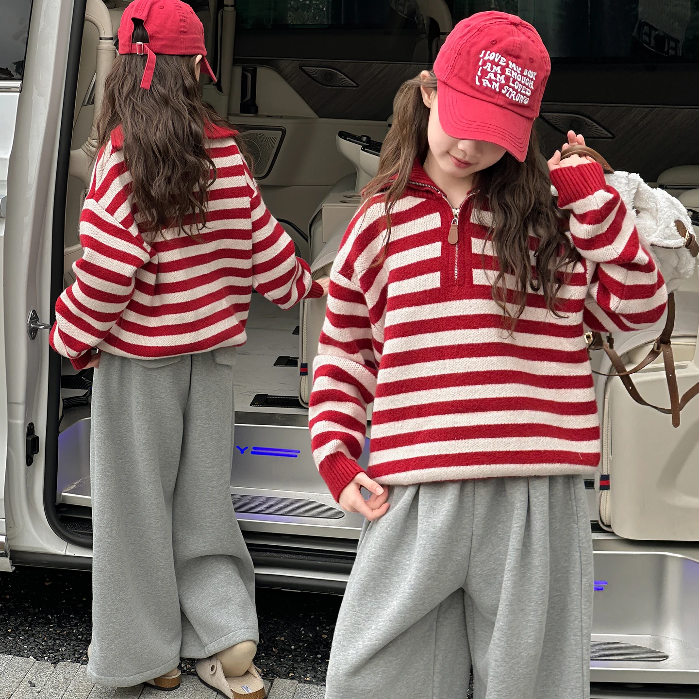 

Elegant Children Fashion Stripe Polo Sweater with Half Zipper for Tween Girl Casual Knitted Autumn Clothing School Kids Knitwear