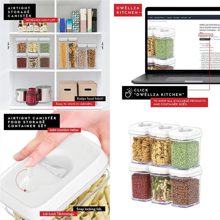 

Airtight Food Storage Containers for Pantry With White Lids 1L - 6 Pack - Clear Plastic Air Tight Kitchen Containers Pantry Org