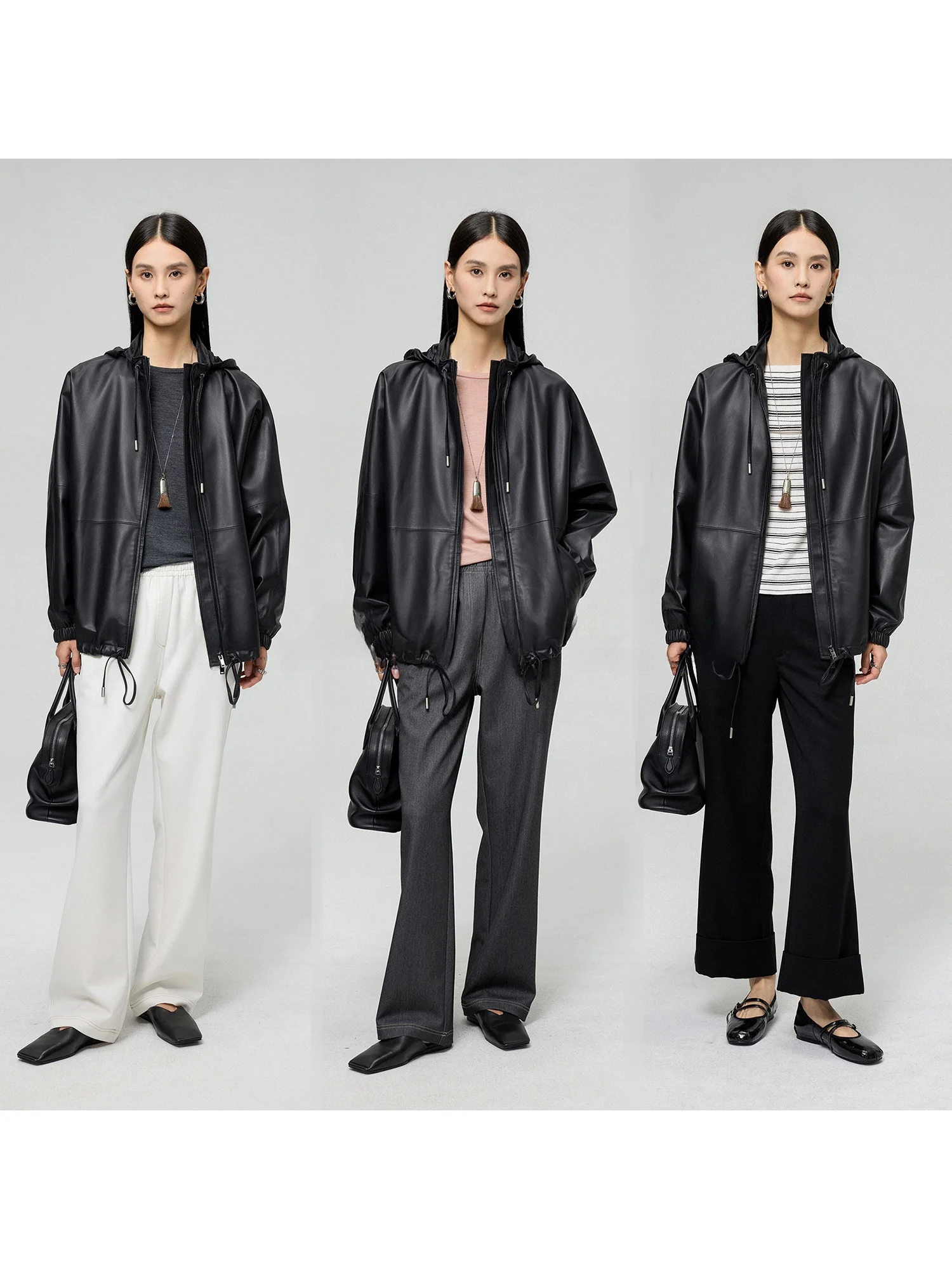 Giacca Casual Morbida e Nutriente in Pelle di Pecora con Cappuccio con Coulisse, Collo Alto, Cerniera, Vestibilità Ampia, in Lana e Pelle, da Donna