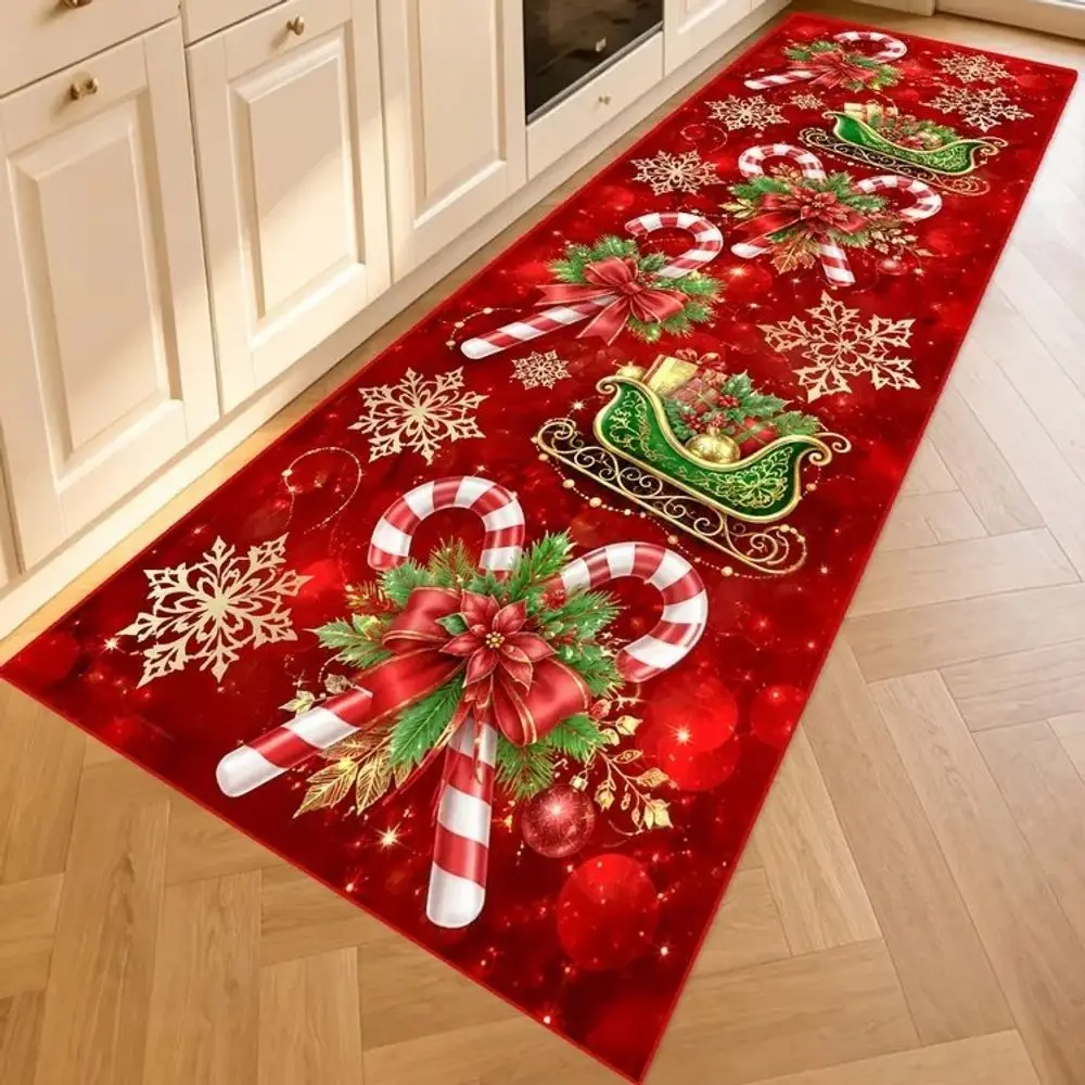 VIKAMA Christmas Poinsettia Flower Striped Carpet For Kitchen Water Absorbing Dining Room Corridor Laundry Room Rug Home Decor