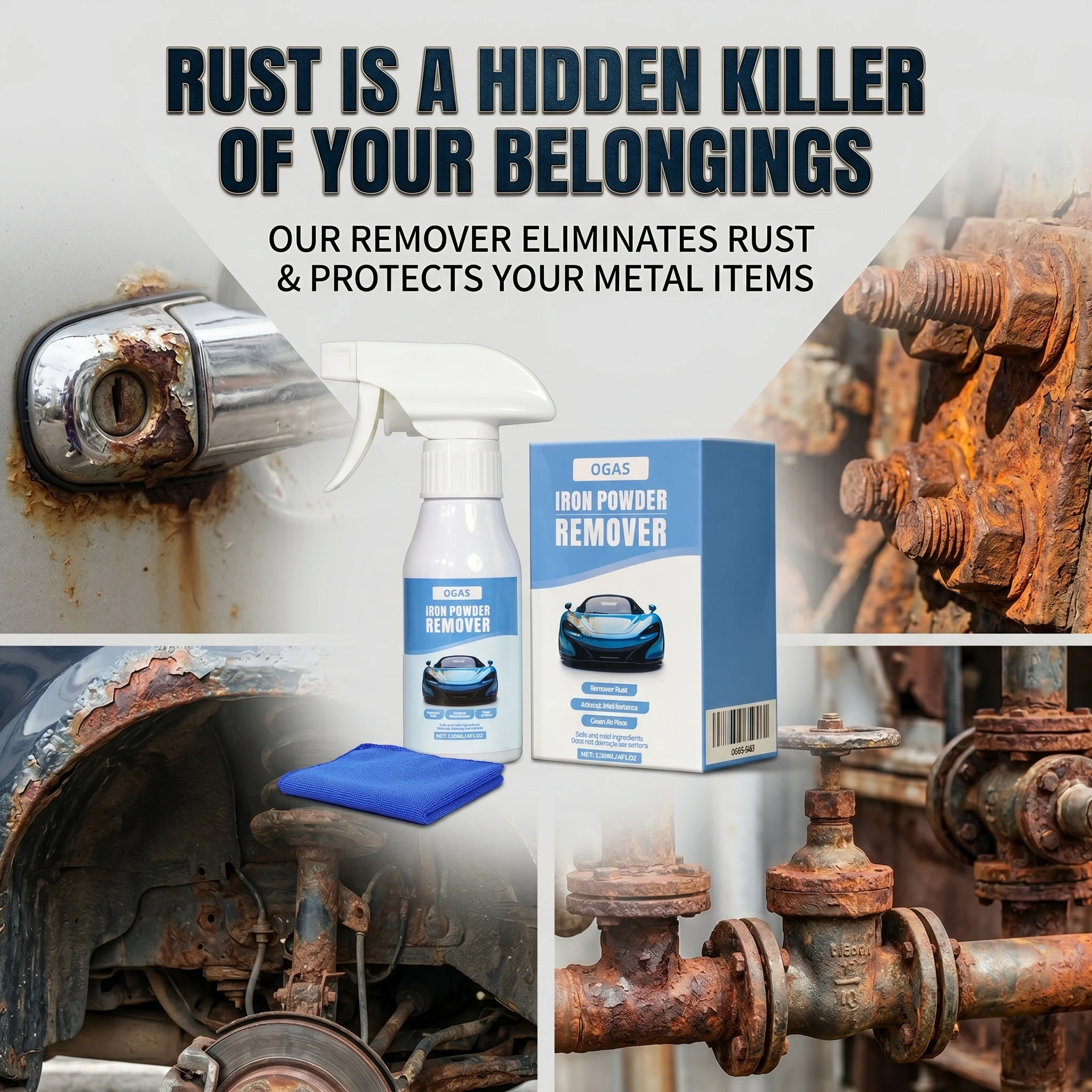 120ml OGAS Car Rust Remover Spray Anti-rust Protection Safe For Paint Metal Wheel Kitchen Hardware Multipurpose Rust Stain Cleaner With Cleaning Towel