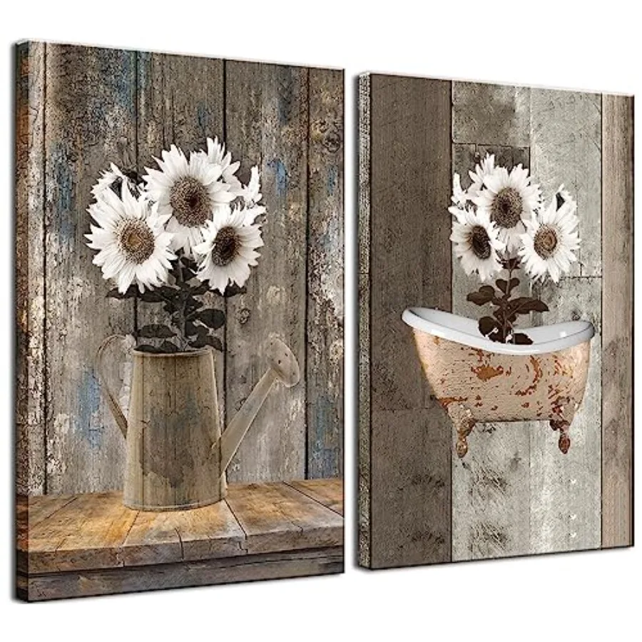 

2 pcs Framed Rustic Farmhouse White Sunflowerf Canvas Wall Art Vintage Flower Wood Grain Bathtub Pictures Paintings Posters Pri
