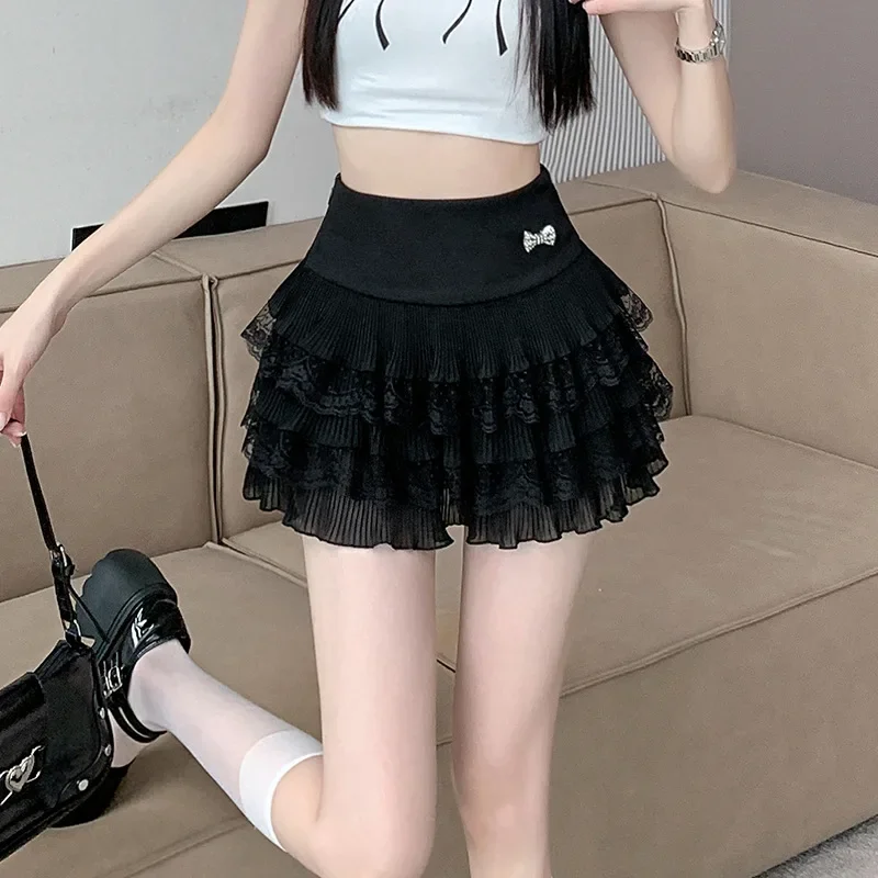 لوليتا عادية الحلو نمط المرأة كعكة تنورة 2024 جديد Kawaii الصيف تنورة قصيرة أسود أبيض الدانتيل كشكش حافة موضة الاتجاه تنورة