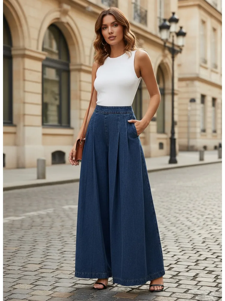 Freeacy المرأة عالية الخصر مطوي بنطال ذو قصة أرجل واسعة 2025 أنيق فضفاض صالح ألف خط الجينز بنطلون الخريف ملابس الشارع الشهير قيعان