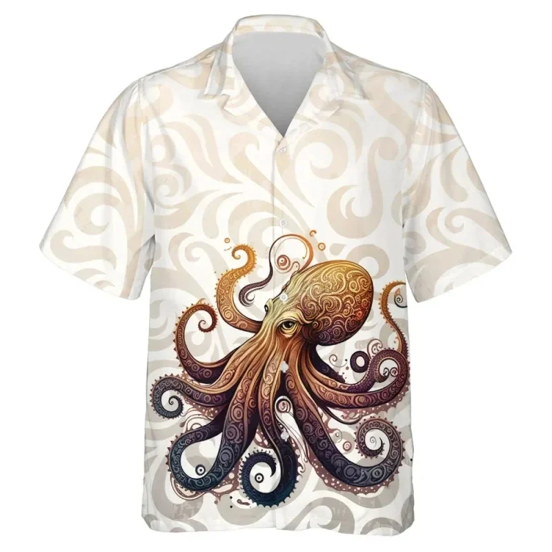 2024 Men Shirts Summer Animal leisure Novelty Sea Tentacles 3d Print Shirt Creative Pattern Clothing Short Sleeve Lapel Tees