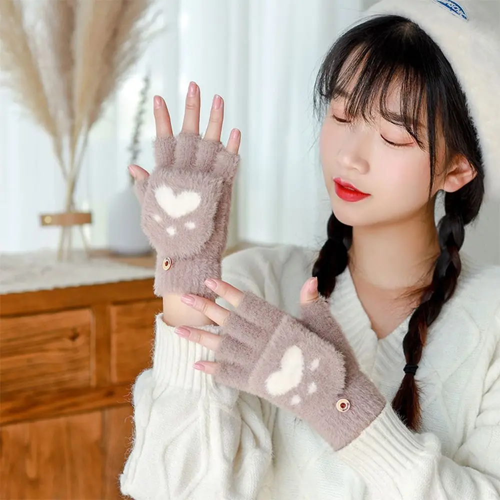 Warm Soft Plus Knitted Finger Gloves Flip Cover Paw Claw Half Finger Gloves Thicken Short Fingerless Gloves for Women Girls