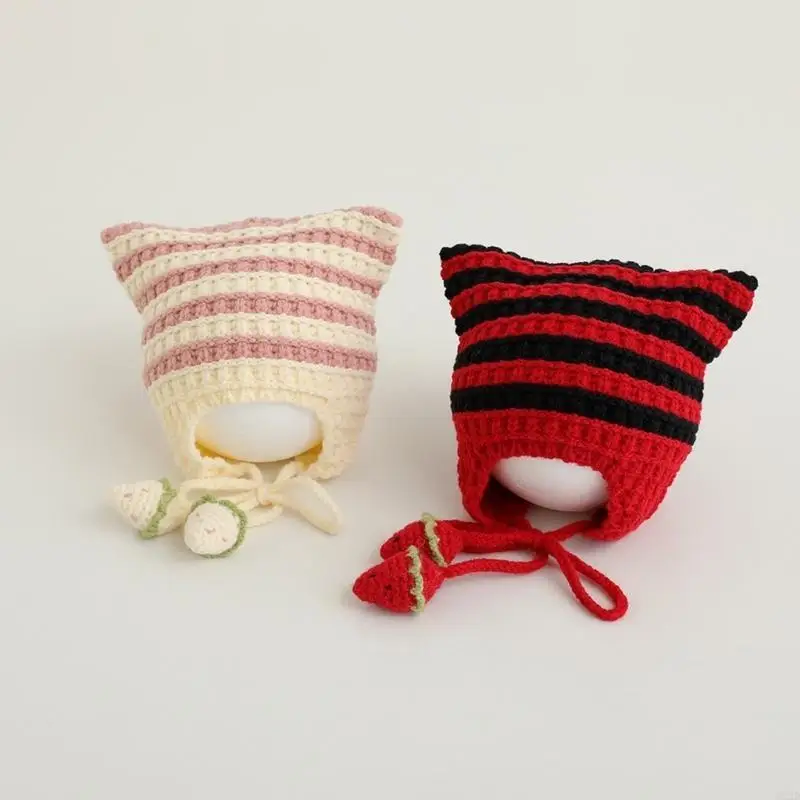 

Q22D Симпатичная кошачья детская шляпа Дети Полосатая вязаная шляпа с двойными ушами и ремнем подбородка