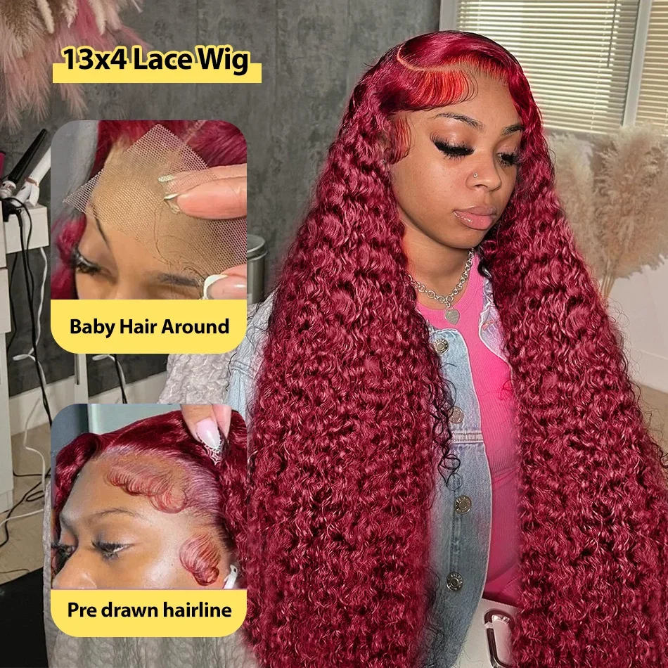 Perruque Deep Wave pré-plumée bordeaux 99J, 100% cheveux humains, perruques Lace Frmeds, 13x4, 13x6, densité 200%, 16-36 po