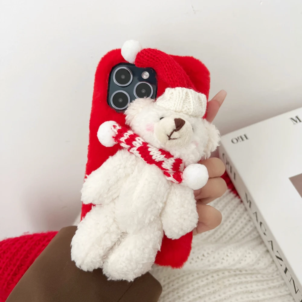 

NEW 3D Cartoon Cute Fluffy Plush Christmas Bear Stand Holder Phone Case For iPhone 15 14 13 12 11 16 17 Pro Max Plus Soft Cover