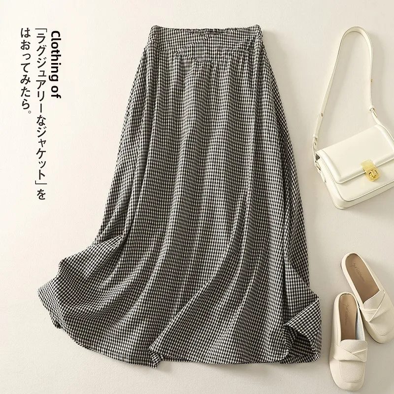 Summer New Plaid f Skirt Women's Midi A-Line Skirt Cotton Linen Material Large Swing Skirt Loose Fit mid Waist Design