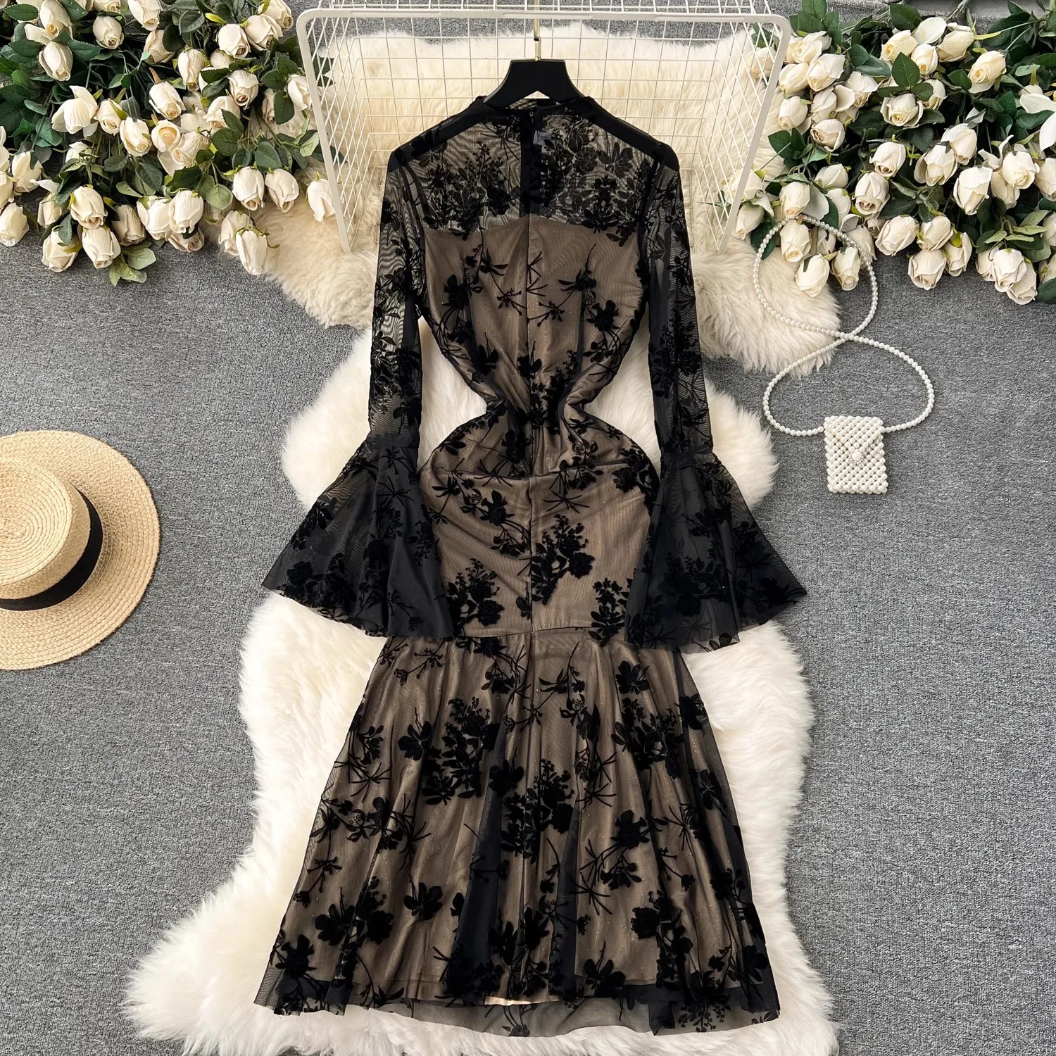 Robe sirène florale à manches longues évasées pour femmes, robe transparente en maille sexy, robe de soirée vintage élégante, robe éducative