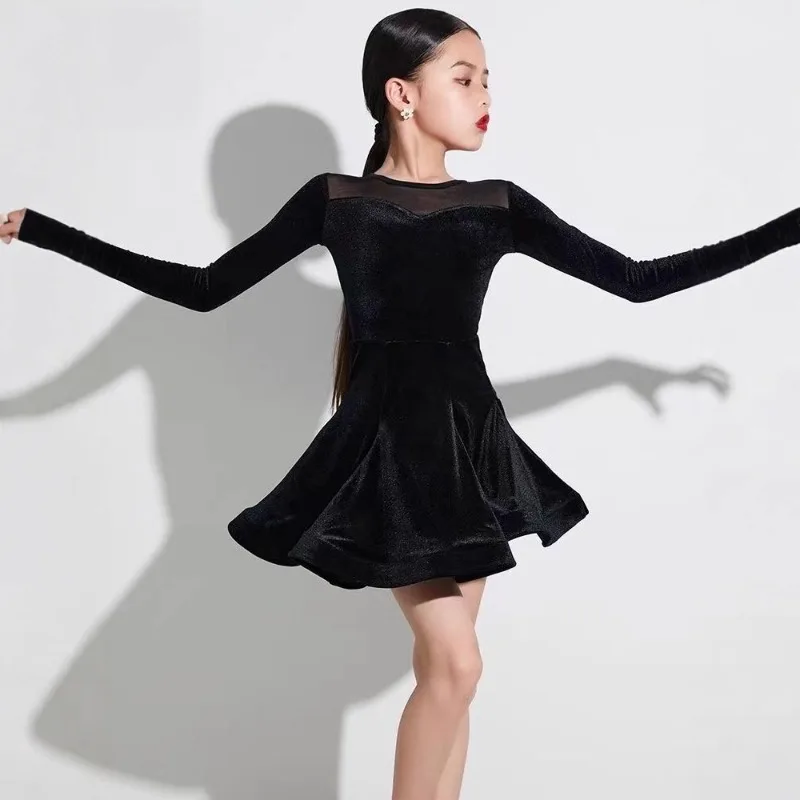 子供用ラテンダンストレーニングスーツ、女の子用ワイドスカートパフォーマンスプロフェッショナル衣装、秋冬の新しいスタイル