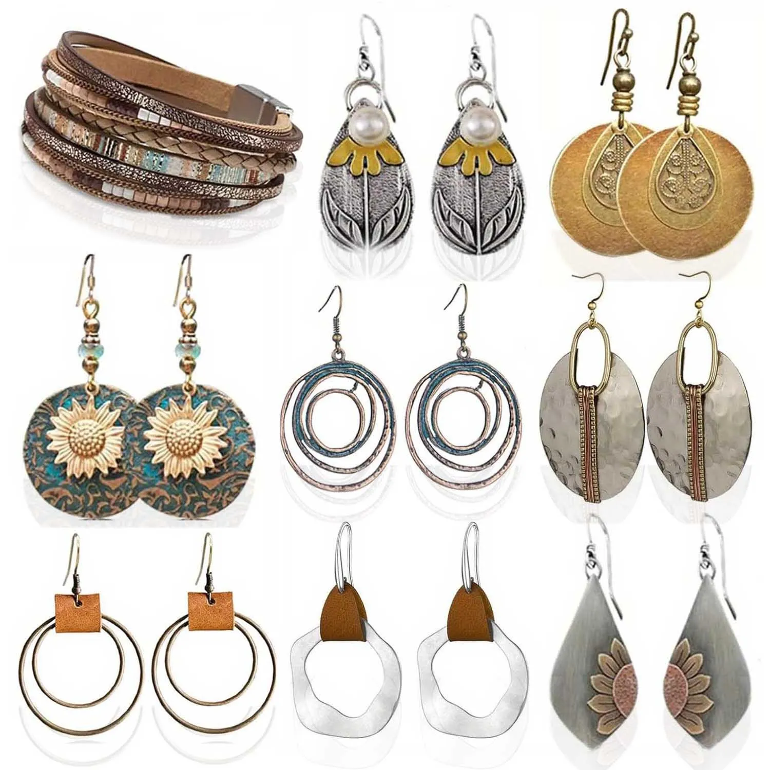 

9pcs Bohemian Retro Geometric Sunflower Pendant Earrings Ethnic Style Bands Leather Wrapped Bracelets Women's Jewelry Set