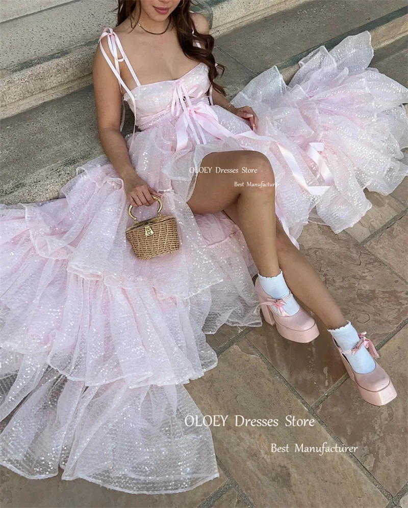 OLOEY-Princesa A Line Vestidos De Noite, Vestidos Rosa Para Bebê, Sessão De Fotos, Correias De Espaguete, Vestidos De Baile, Glitter Em Camadas, Festa De Casamento