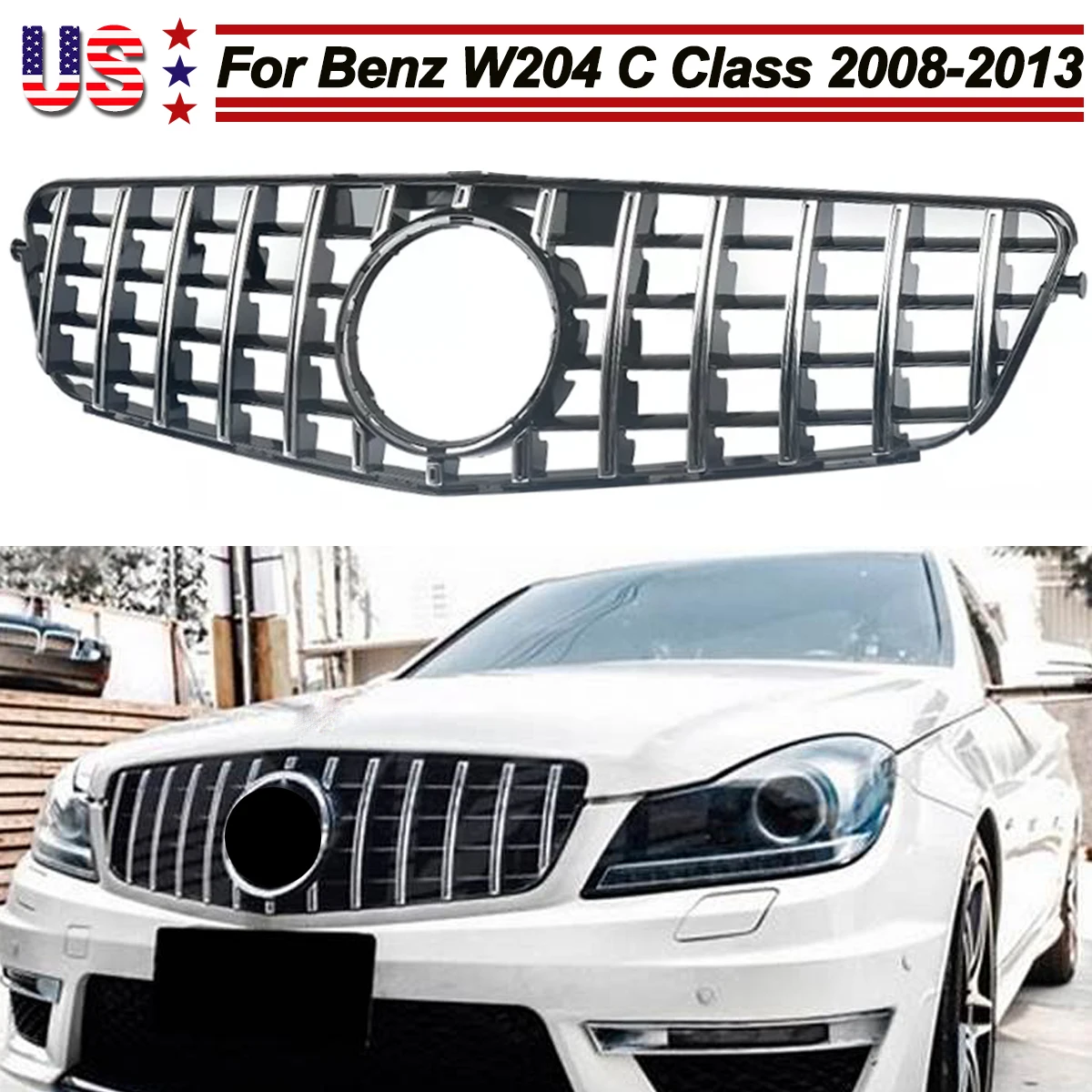 GT STYLE Grille Grid FOR MERCEDES BENZ W204 C-CLASS C250 C300 2006 2007 2008 2009 2010 2011 2012 2013 FRONT GRILLE Chrome BLACK