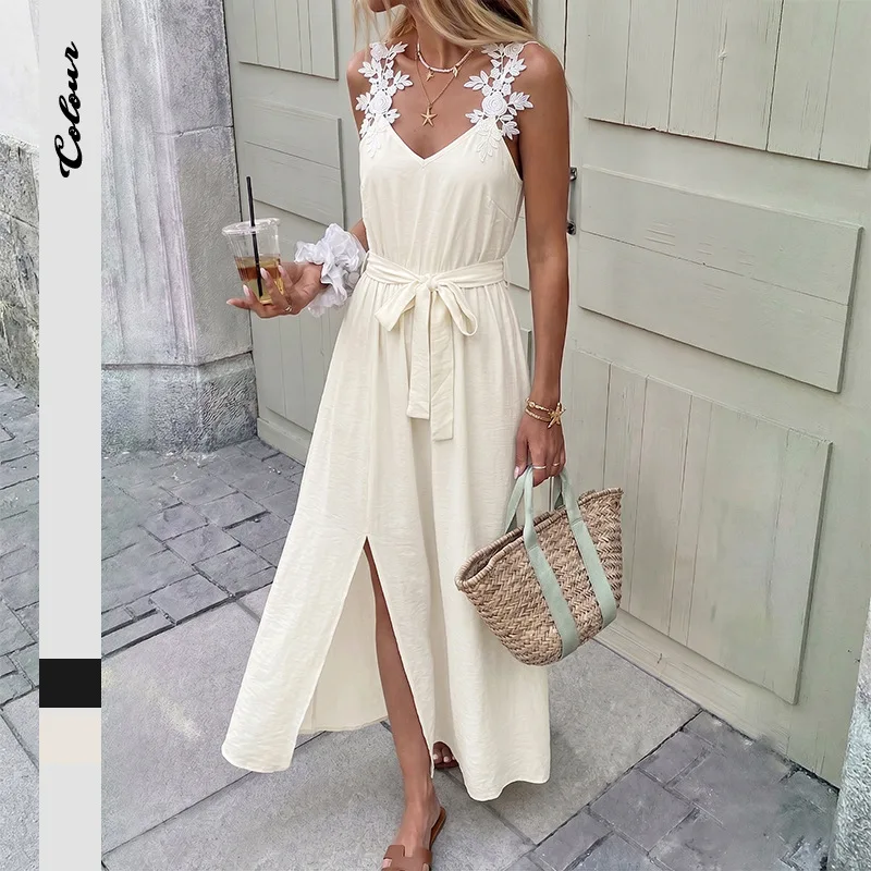 High Quality Hot Selling Wholesale Summer Solid Color Camisole Long Dress Temperament Lace Up Waist Cinching Slit Dress Women