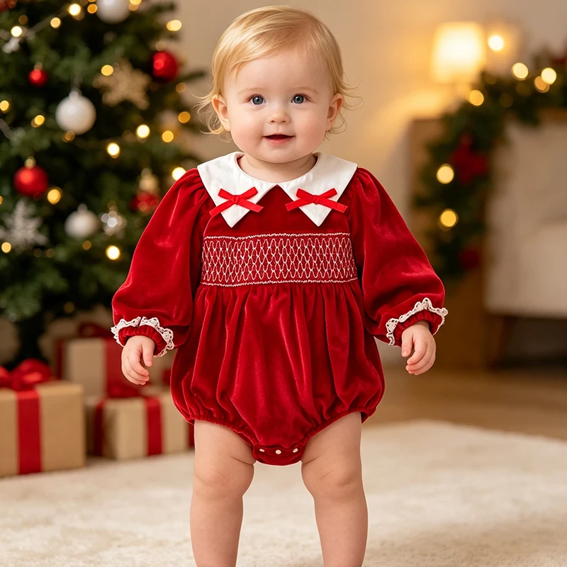 Baby Mädchen Roter Samt-Body mit Schleife Langarm Neugeborenen Party Geburtstags-Outfit Herbst Weihnachten Süßer Baby-Strampler 0-24M