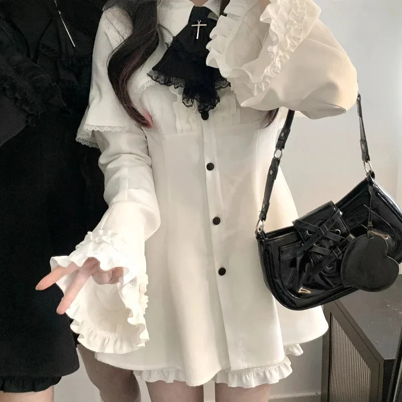 

Vintage Lolita Style Mini Dress Set Women Gothic Y2k Loose Flare Sleeve Fake Two Pieces Party Dresses Female Kawaii Cute Vestido