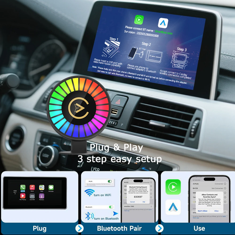 

Беспроводной адаптер 2 в 1, автомобильный Carplay и Android, Plug & Play, ритм, атмосферный свет, воздушная ароматерапия для OEM-навигационной системы