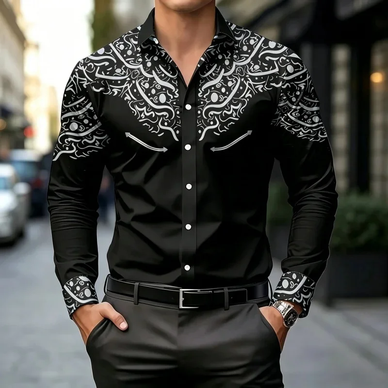 2026 New Black and White Contrasting Print Design Men's Shirt Slim Fit European and American Trend Versatile Casual Business Top