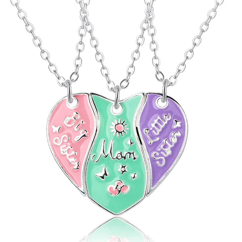 3PCS Mom Big Sister Little Sister Matching Heart Pendant Necklaces, Mother Daughters Jewley Set, Mothers Day Gifts for Mom Girls