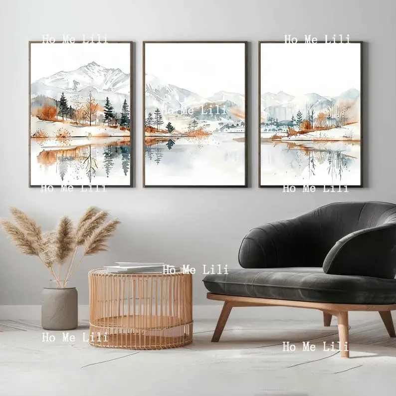 Set Of 3 Mountain Prints Wall Art Customisable Warm Earthy Japandi Nature Lake