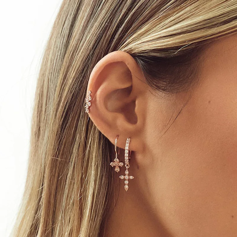 Vintage Crystal Zircon Lightning Cross Hoop Earrings For Women Stainless Steel Butterfly Cartilage Earrings Piercing Jewelry