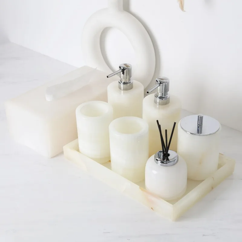 100% Natural Marble White Marble Bathroom Accessories Set Hotel Tissue Box Tray Toothbrush Holder Soap Dispenser