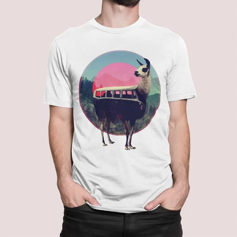 Llama Bus Graphic Tee Funny Animal Art Shirt Strange Animals Creative Design T-shirt Mens Unique Retro Clothing Daily Life Tops