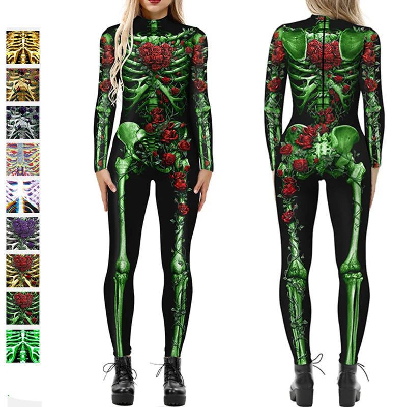 

Color Cosplayer Fancy Skeleton Jumpsuit Carnival Party Cosplay Costume Halloween Catsuit Outfit Day of The Dead Bodysuit