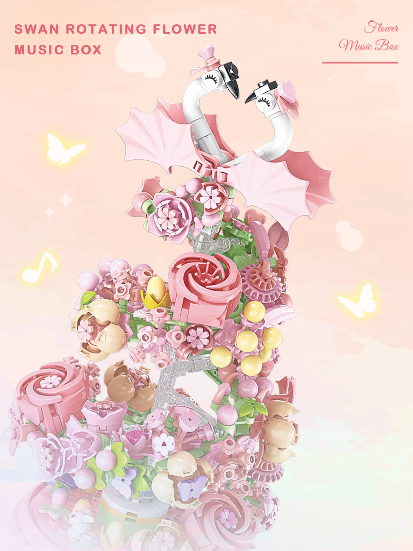 Klocki konstrukcyjne, pozytywka z kwiatem i łabędziem, 713 elementów, seria ozdób do dekoracji domu