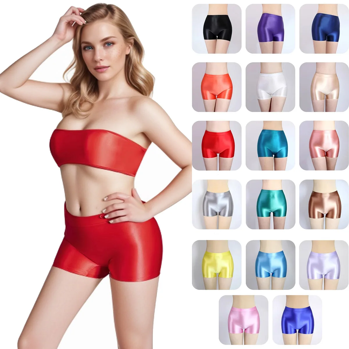 MJINM Olio Lucido Liscio Setoso Ultrasottile Elasticizzato Comfot Traspirante Senza Soluzione di Continuità Cavallo Frontale Pantaloni Caldi Bodybuilding Yoga Pantaloncini Stretti