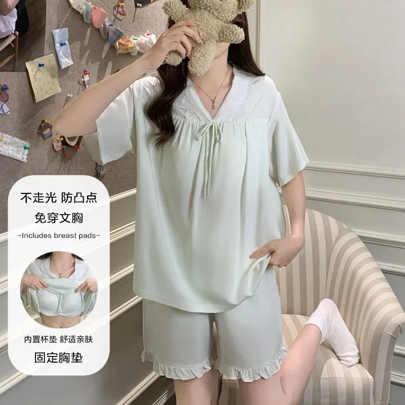 Korean Women Summer Thin Pajamas with Chest Pad Short-sleeved Tops and Shorts 2 Pieces Set Solid Loungewear Can Be Worn Outside