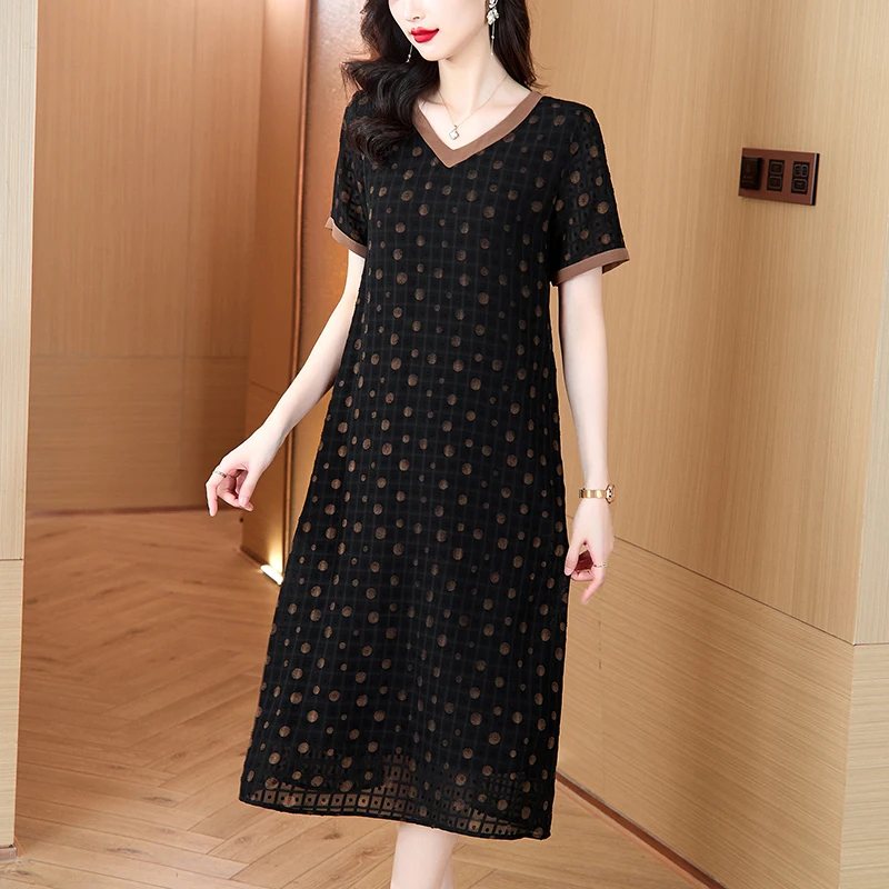 

Summer Jacquard Elegant Casual Beach Dress 2025 Silk Chic Bow V-Neck Casual Long Dress Women Korean Bodycon Party Night Dress