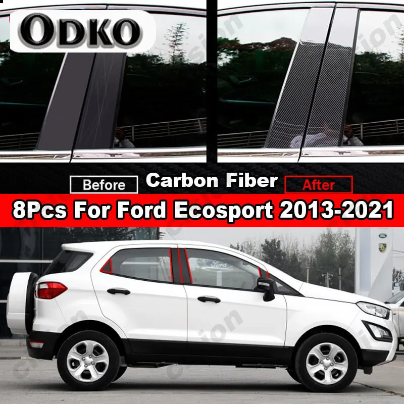 For Ford Ecosport 2013-2021 Mirror Effect Door Window Column B C Pillars Post Cover Trim Black Carbon Fiber PC Material Sticker