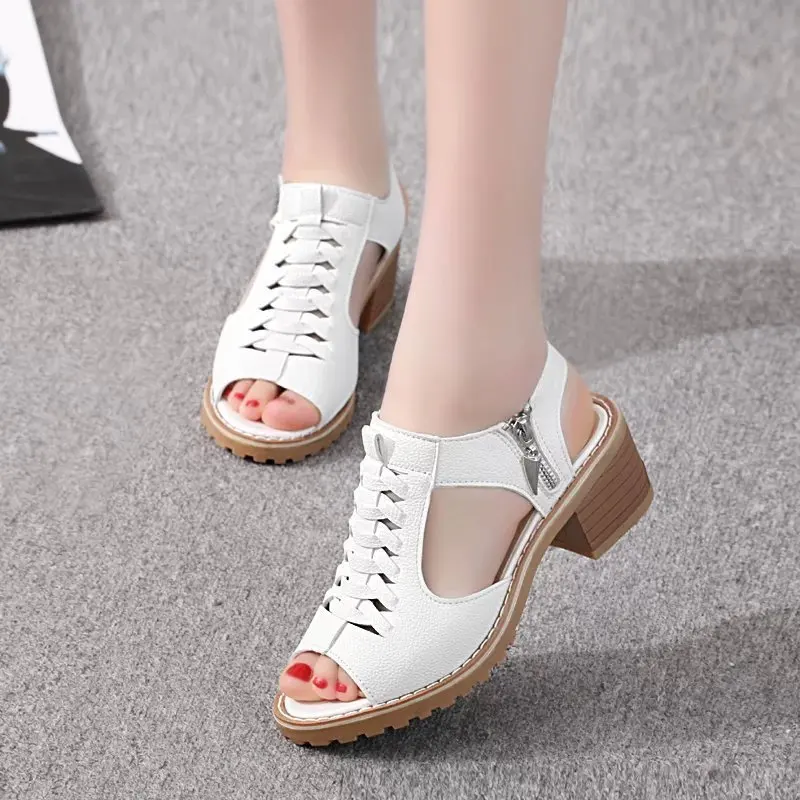 Comemore 2024 New Women\'s Square Heel Summer Shoes Leather Zip Gladiator Sandals Medium Heel Zip Platform Sandals High Heels 43